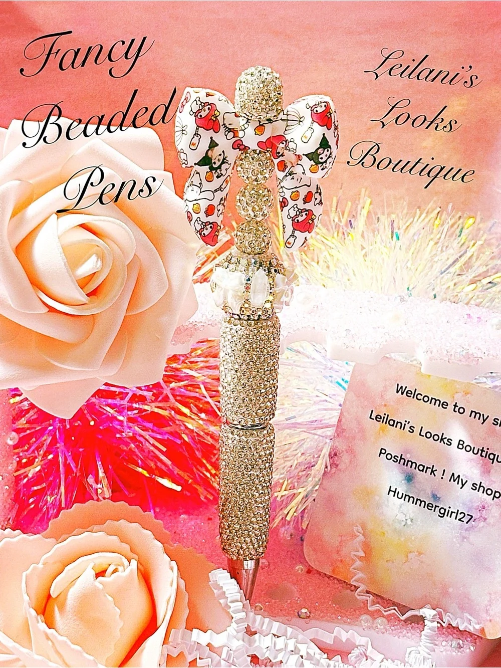 Gold Crystal Beaded Pen with Decorative White Bow